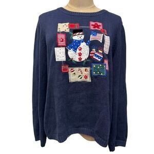 "Christopher & Banks" Vintage Patchwork Christmas Sweater Snowman SZ L Ugly Warm